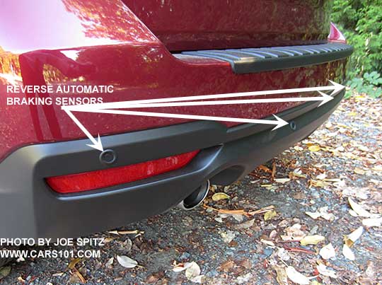 diagrammed 2017 Subaru Forester rear view with Reverse Automatic Braking sensors, optional rear bumper cover.