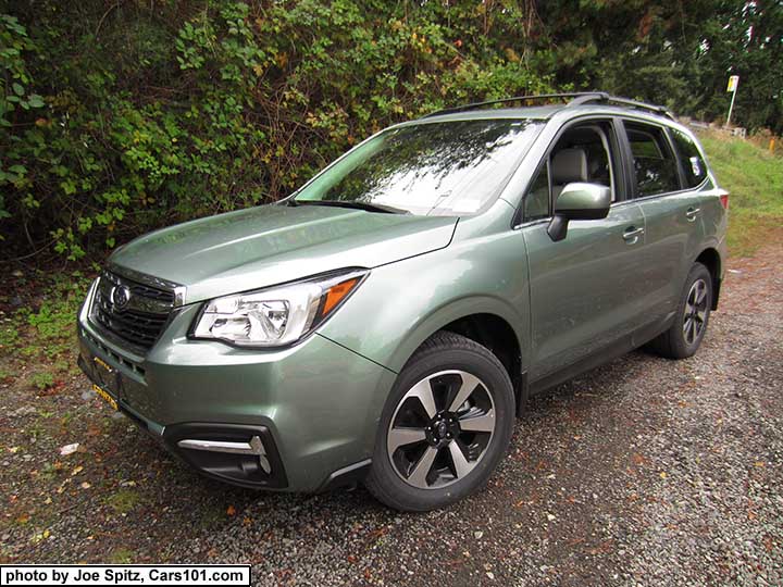 2018 and 2017  Subaru Forester. Jasmine Green color. Limited model shown.