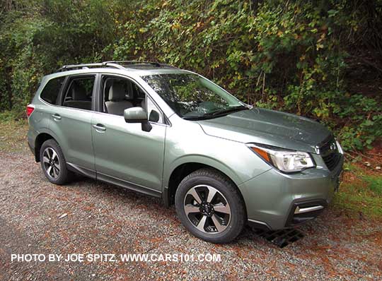 2017 Subaru Forester. Jasmine Green color, a pale green. Limited model shown.