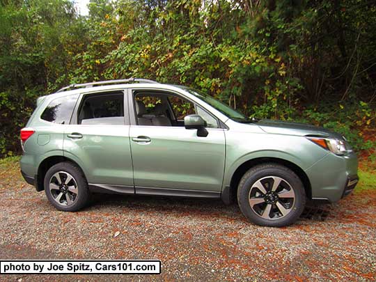 2018 and 2017 Subaru Forester. Jasmine Green color, a pale green. Limited model shown.