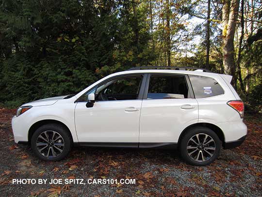 side view 2018 and 2017 Subaru Forester 2.0XT Premium, crystal white color