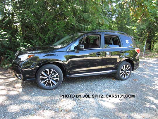 2018 and 2017 Subaru Forester 2.0XT Touring turbo with chrome rocker panel strip. With redesigned for 2017 2.0XT 18" black and silver 5 split-spoke alloys. Crystal black shown.