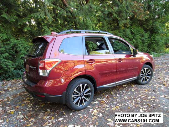 2018 and 2017 Subaru Forester 2.0XT Touring with chrome rocker panel trim, dark rear glass, rear spoiler,  Redesigned XT model 18" split-spoke black and silver alloys. Venetian Red shown with optional body colored side moldings