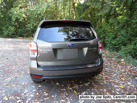 2018 and 2017 Forester 2.0XT Touring with rear spoiler, dark tinted rear glass. Sepia Bronze Metallic color shown. Optional rear bumper cover.