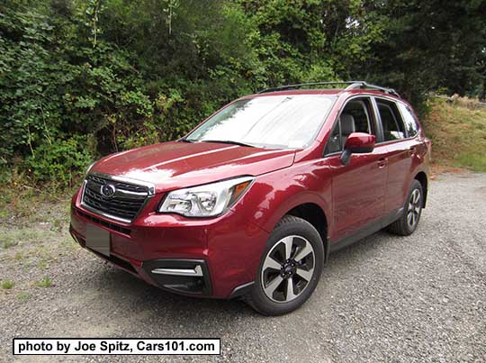 2018 and 2017 Subaru Forester 2.5 Premium with redesigned 17" black/silver alloys and chrome foglight trim (no fog lights on this car). Venetian Red color shown.