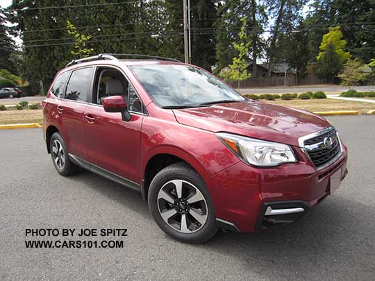 2018 and 2017 Forester 2.5 Premium with body colored outside mirrors, dark glass, roof rails, and new for 2017 black/silver 17" alloys, and chrome fog light trim (no fog lights on this car). Optional aero cross bars shown.