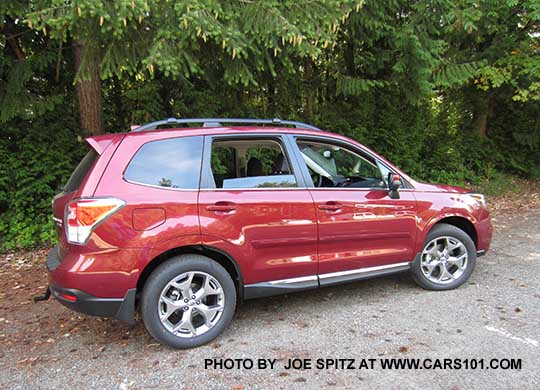 2018 and 2017 Subaru Forester 2.5i Touring has 18" brushed silver wheels, chrome rocker panel trim. Venetian red color shown with body side moldings