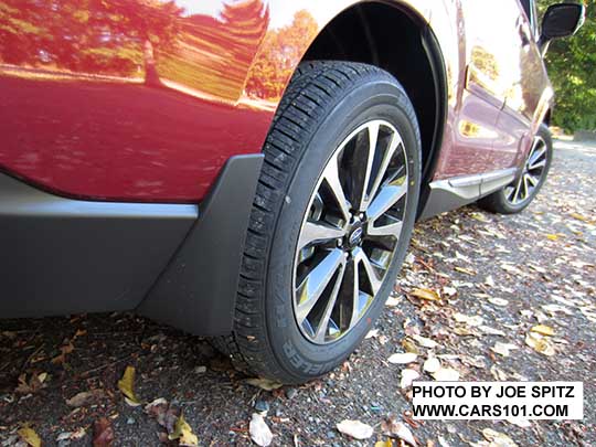 2018 and 2017 Subaru Forester optional splash guards. Right rear shown on a red XT Touring model with chrome rocker panel strip