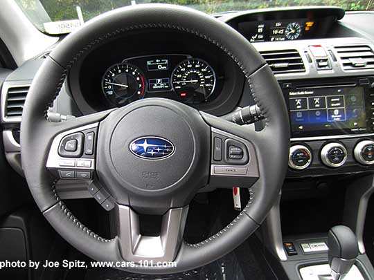 2018 and 2017 Subaru Forester 2.5i Limited leather wrapper steering wheel with left audio and bluetooth control, and right cruise controls