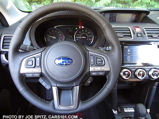 2018 and 2017 Subaru Forester 2.0XT Touring gray leather wrapped steering wheel with paddle shifters, heated steering wheel button, SI Drive, audio and bluetooth buttons, Lane keep assist, Eyesight cruise control