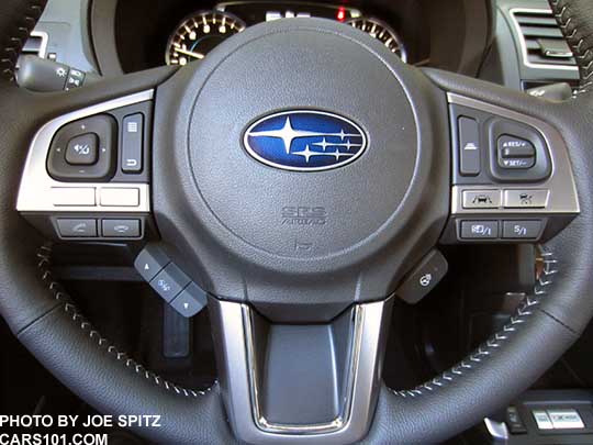 2018 and 2017 Subaru Forester 2.0XT Touring gray leather wrapped steering wheel with Si Drive, Eyesight cruise control, Lane Keep Assist, audio and bluetooth controls, heated steering wheel on/off,  chrome accent on the center spoke