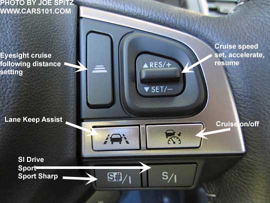 Diagrammed 2017 Subaru Forester  2.0XT Touring steering wheel showing SI Drive,  Eyesight cruise control, Lane Keep Assist button