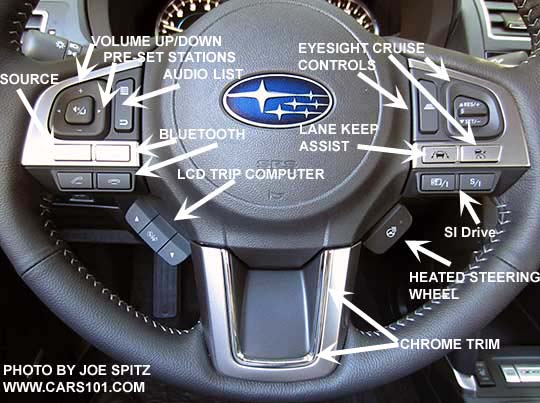 Diagrammed 2018 and 2017 Subaru Forester Touring steering wheel showing audio and bluetooth cell phone controls, SI Drive,  Eyesight cruise control, Lane Keep Assist button, heated steering wheel on/off