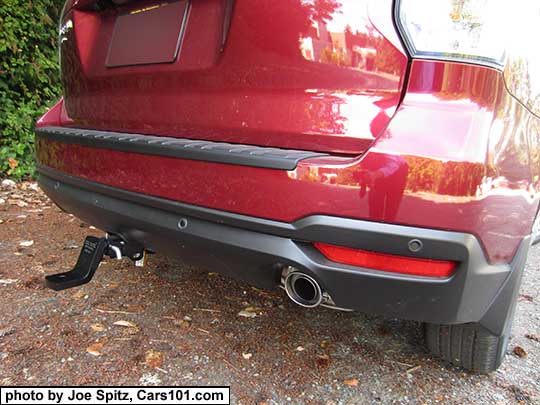 2018 and 2017 Subaru Forester optional 1.25" trailer hitch. Rear bumper with RAB reverse automatic brake sensors, tailpipe exhaust tip