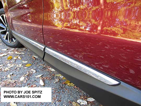 2018 and 2017 Subaru Forester Touring chrome rocker panel trim strip, on a venetian red car. XT model shown (notice the wheel)