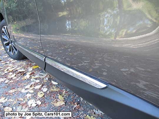 2018 and 2017 Subaru Forester Touring chrome rocker panel trim strip, on a Sepia Bronze car. XT shown (notice the wheel)