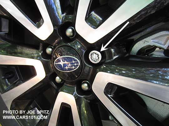 closeup of the optional alloy wheel locks, shown on a 2017 Forester XT wheel