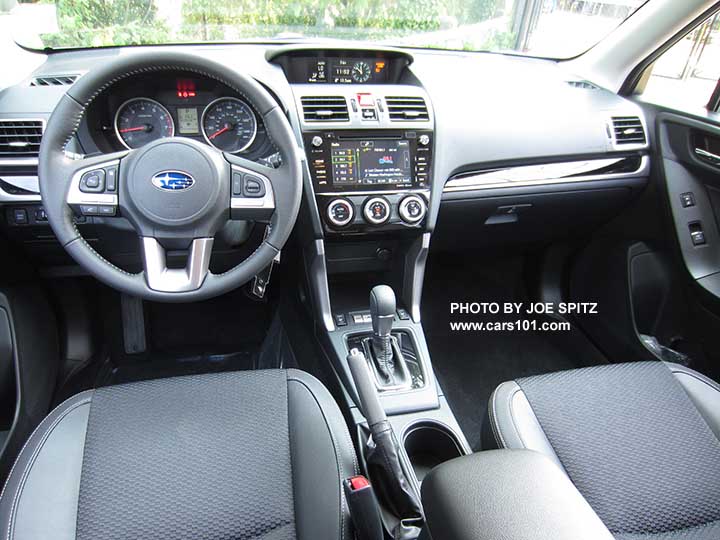 2018 and 2017 Subaru Forester 2.5 Premium CVT 'Black Edition' black cloth interior with leatherette trim, CVT with gloss black trim, gloss black dash trim,  7" audio