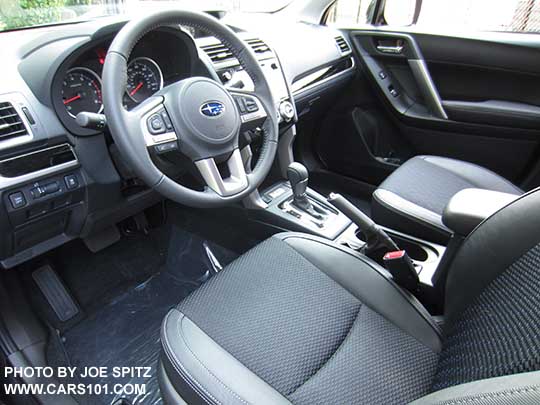 2018 Subaru Forester 2.5 Premium CVT 'Black Edition' black cloth interior with leatherette trim, CVT with gloss black trim, gloss black dash trim,  7" audio.  Also 2.0XT Premium interior.