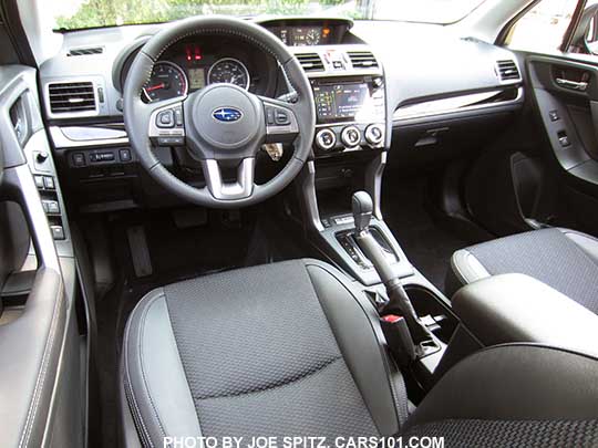 2018 Subaru Forester 2.5 Premium CVT 'Black Edition' black cloth interior with leatherette trim, CVT with gloss black trim, gloss black dash trim,  7" audio.  Also 2.0XT Premium interior.