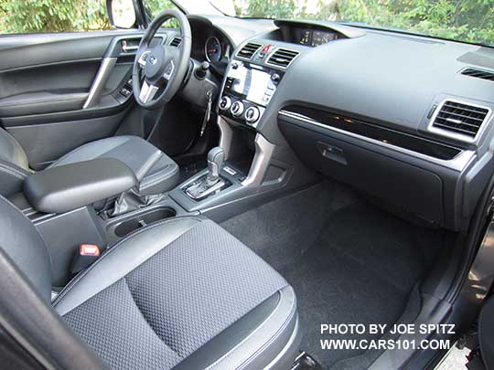 2018 Subaru Forester 2.5 Premium CVT 'Black Edition' black cloth interior with leatherette trim, CVT with gloss black trim, gloss black dash trim,  7" audio.  Also 2.0XT Premium interior.