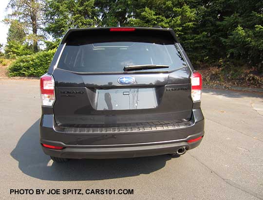 2018 Forester  2.5 Premium CVT Black Edition with black rear logos and stainless exhaust tip. Dark gray shown with optional rear bumper cover.