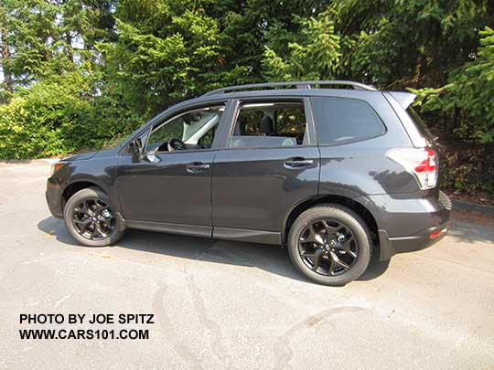 side view 2018 Forester 2.5 Premium CVT Black Edition with black 18" alloys, black outisde mirrors. dark gray shown with optional splash guards