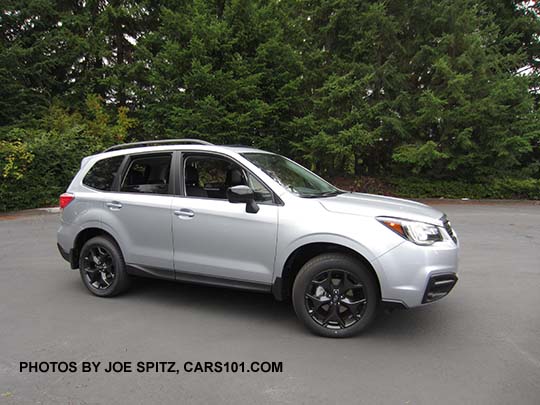2018 Forester 2.5 Premium CVT Black Edition with black outside mirrors, black 18" alloys. Ice silver car shown with optional splash guards