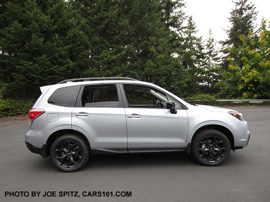 2018 Forester  2.5 Premium CVT Black Edition with black outside mirrors, black 18" alloys,  Ice silver car shown with optional splash guards