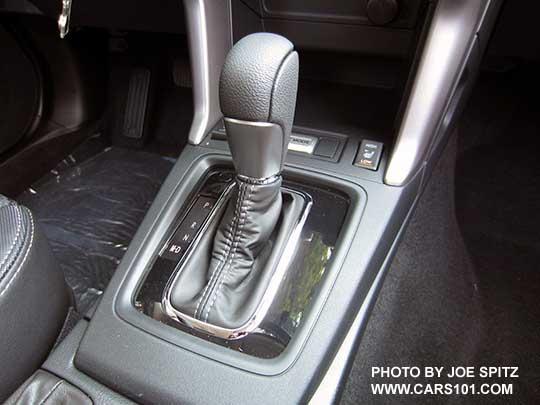 2018 Subaru Forester 2.5 Premium CVT 'Black Edition' shiftter, with gloss plate trim plate with D drive and M manual modes. The Black Edition has optional Paddle Shifters.