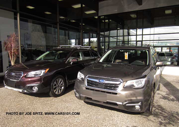 2017 Sephia Bronze Subaru Forester 2.5 Touring next to a 2017 Brilliant Brown Subaru Outback Touring, both have brown leather interiors