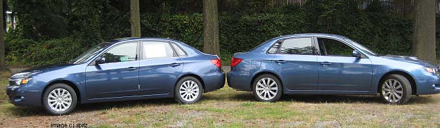 on left 2011 marine blue pearl Impreza Premium sedan, on right 2010 Impreza GT sedan, Newport blue