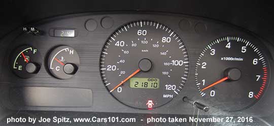 1998 Subaru Impreza 2.5RS dash instrument gauges, with odometer at original 21,810 miles. Photo taken November, 2016