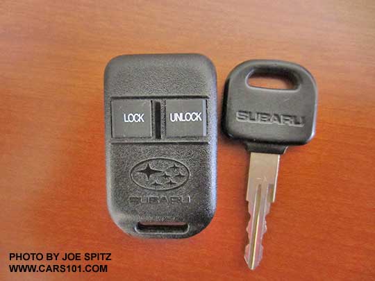 1998 Subaru Impreza 2.5RS key and remote fob Three came with the car when new. Shown with optional Code Alarm remote lock-unlock.