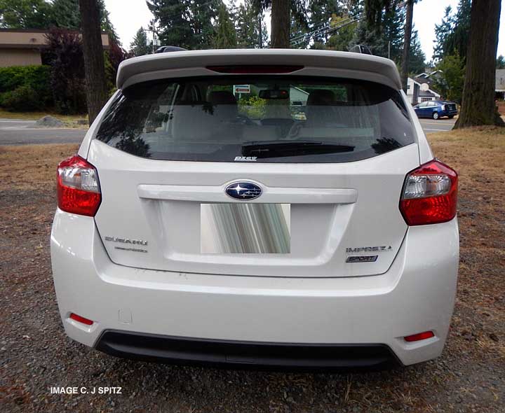 rear view 2013 Impreza Sport 5 door wagon with optional rear spoiler