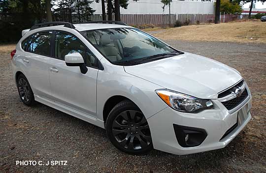 satin white pearl 2013 subaru impreza 5 door sport with optional rear spoiler