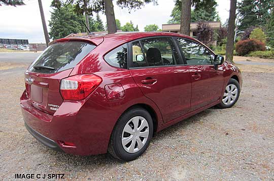 2013 impreza 5 door rear view, venetian red pearl color