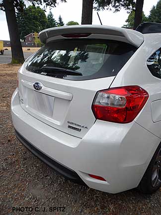 rear view of 2014 and 2013 subaru impreza hatchback woith optional rear spoiler