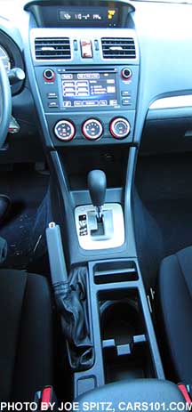 2015 Impreza 2.0i base model console- 2 cupholders, silver shift trim, matte black audio trim, no heated seat buttons