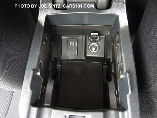 2015 Subaru Impreza center console storage with two USBs, 1 aux input, 12v power outlet
