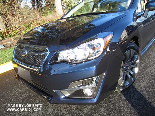 2015 Impreza front headlight, fog light, chrome bumper trim  deep sea blue Sport model shown