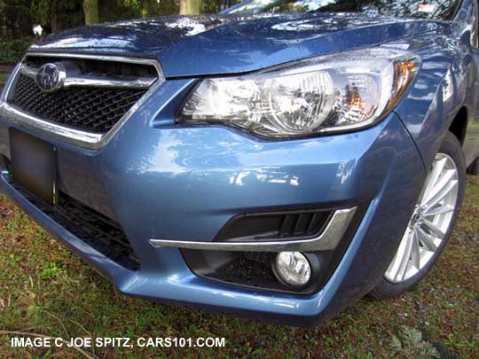 2015 Impreza left fog light, headlights, chrome trim. Quartz Blue color shown