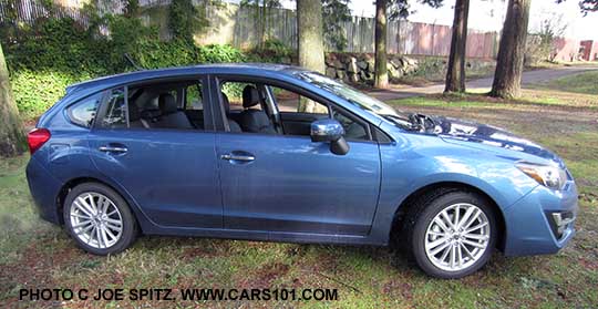 2015 Impreza 5 door side view. 2.0 models do not have roof rack rails, those are on Sport models only. Limited shown with 17" alloys and turn signal mirrors