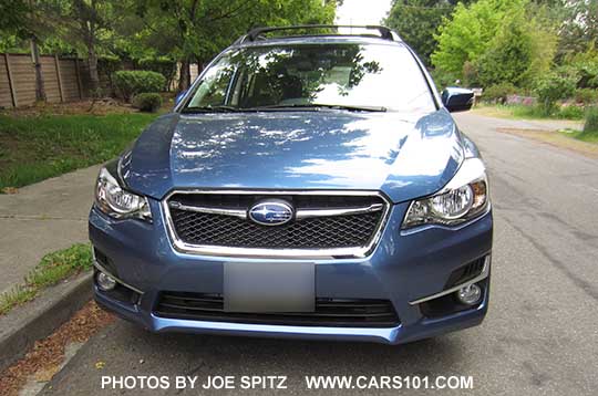 front view, front grill 2015 Subaru Impreza Sport hatchback. Quartz Blue shown