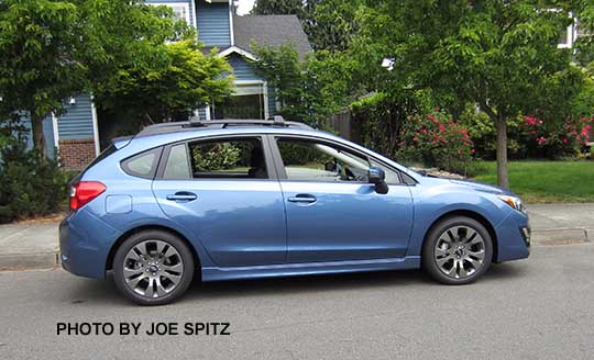 side view quartz blue 2015 Impreza Sport 5 door hatchback. with Roof rack rails