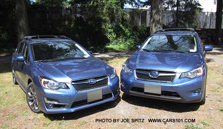2015 Subaru Impreza Sport and Subaru XV Crosstrek side by side for comparison. Both are Quartz Blue