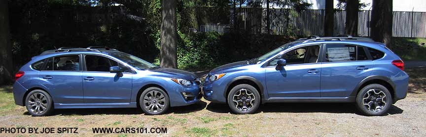 2015 Subaru Impreza Sport 5 door and Subaru XV Crosstrek 5 door shown nose-to-nose for comparison. Both are Quartz Blue