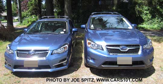 2015 Subaru impreza Sport and Subaru XV Crosstrek side by side for comparison. Both are Quartz Blue