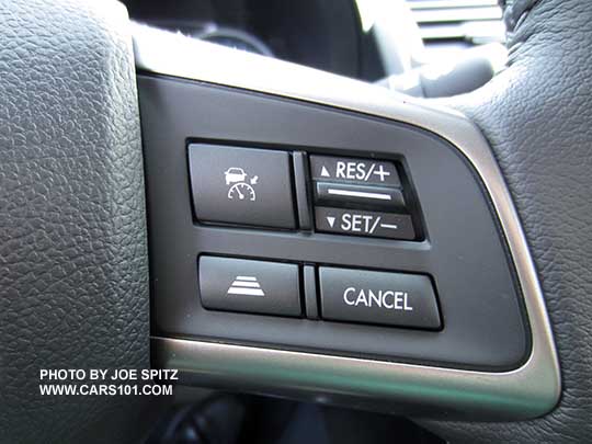 close-up of the 2015 Impreza steering wheel with Eyesight cruise control fingertip buttons