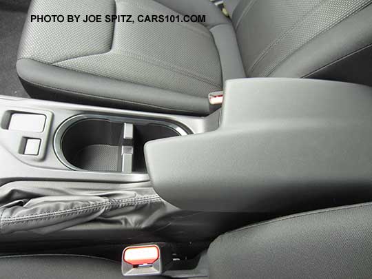 2017 Subaru Impreza 2.0i base console and plastic armrest. Notice there are no heated seat buttons on the base models.